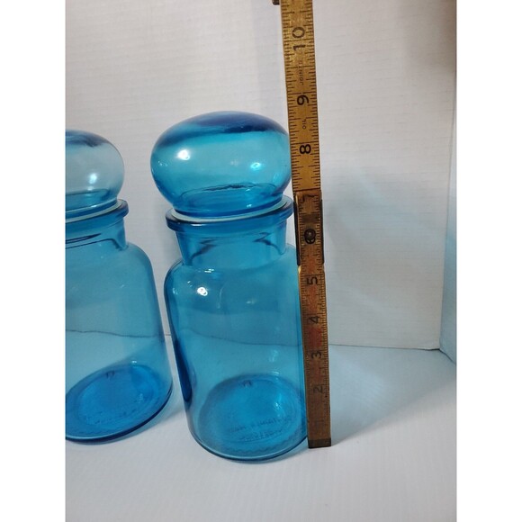 RARE Vtg Blue Glass Apothecary Bubble Lid Jars Bottles Set Of 3 MCM Belgium - Picture 2 of 14